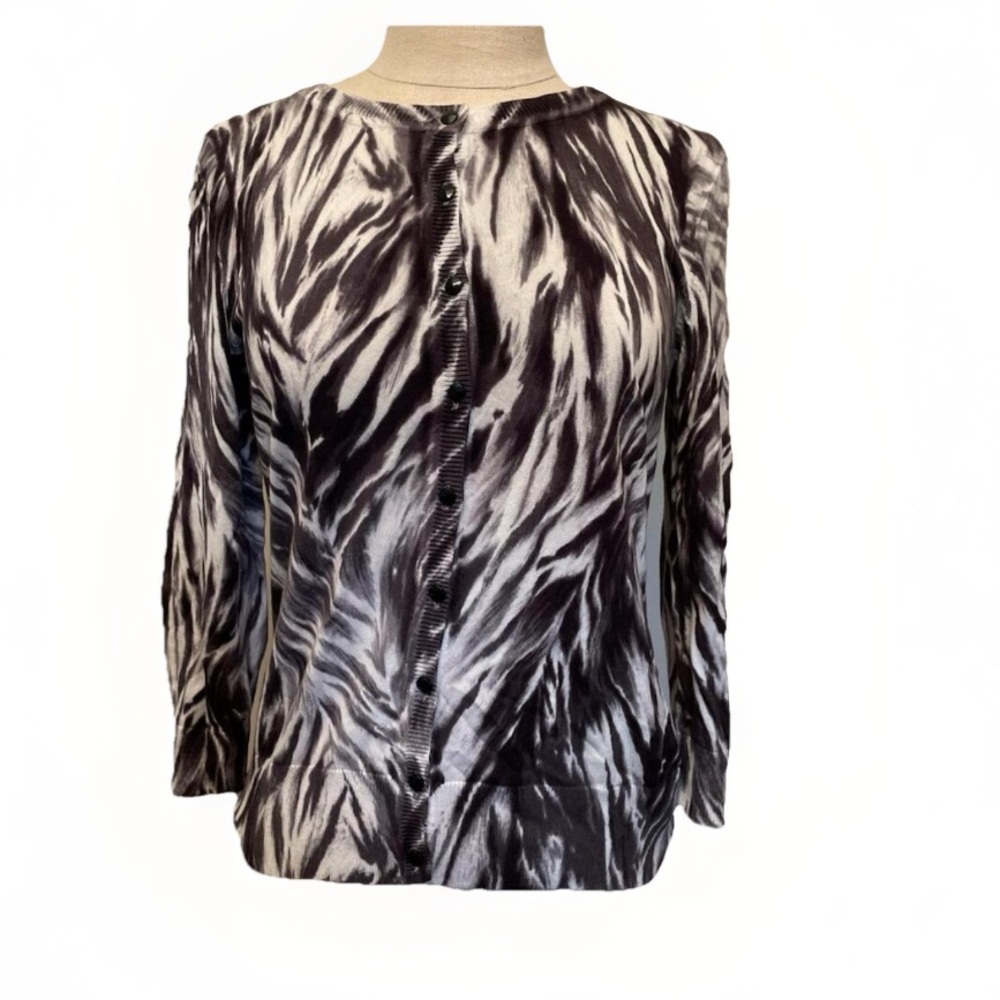 Talbots black and white Zebra Animal Print Cardigan Sweater PS